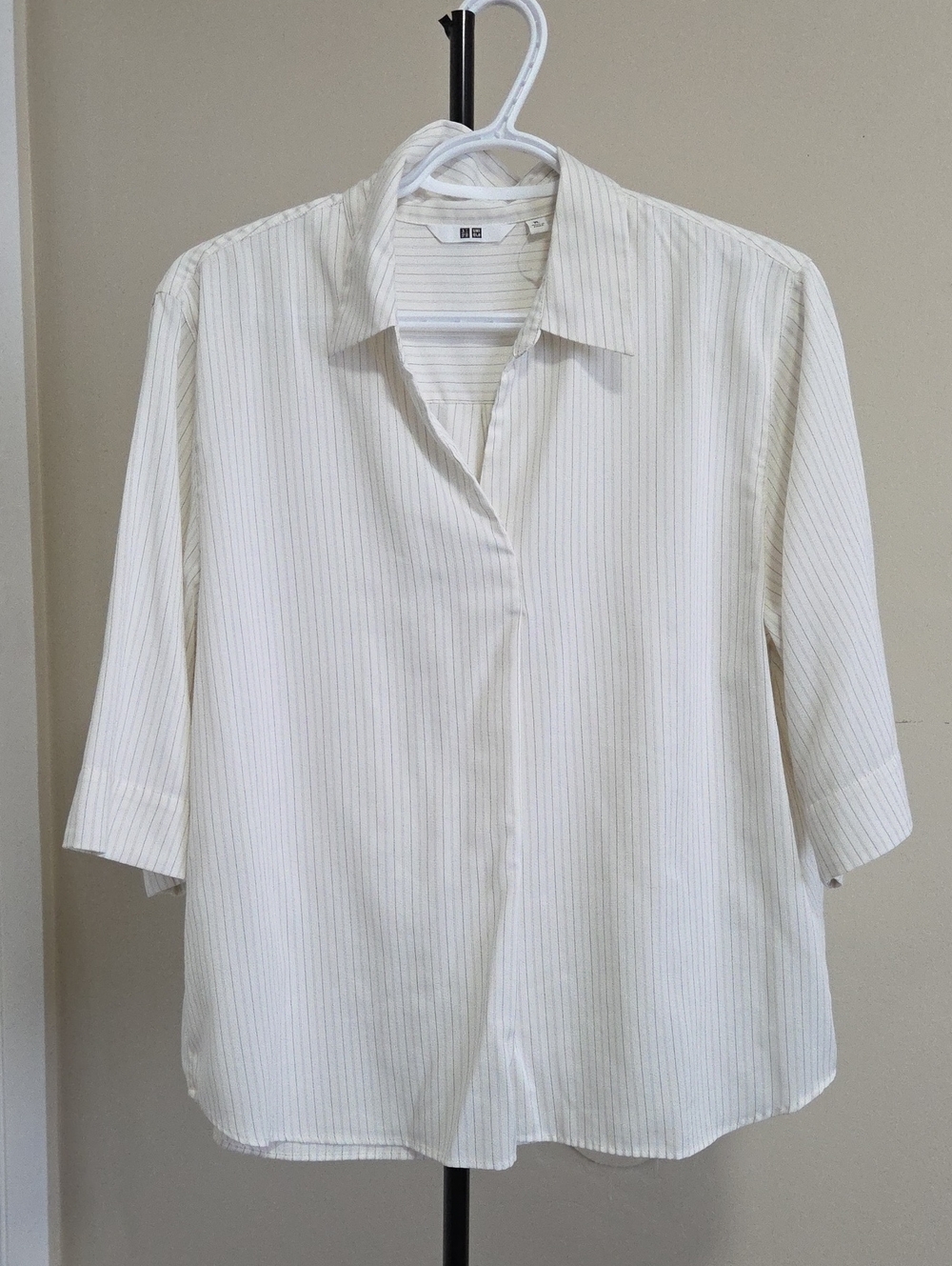 Uniqlo Women's Cream Button-Down Shirt with Thin Gray Pinstripes